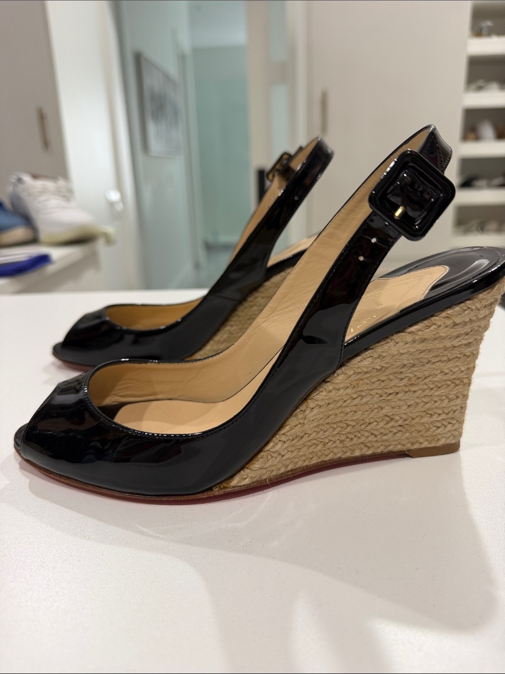 Christian Louboutin Black Patent Puglia Espadrille Peep-Toe Slingback Heels